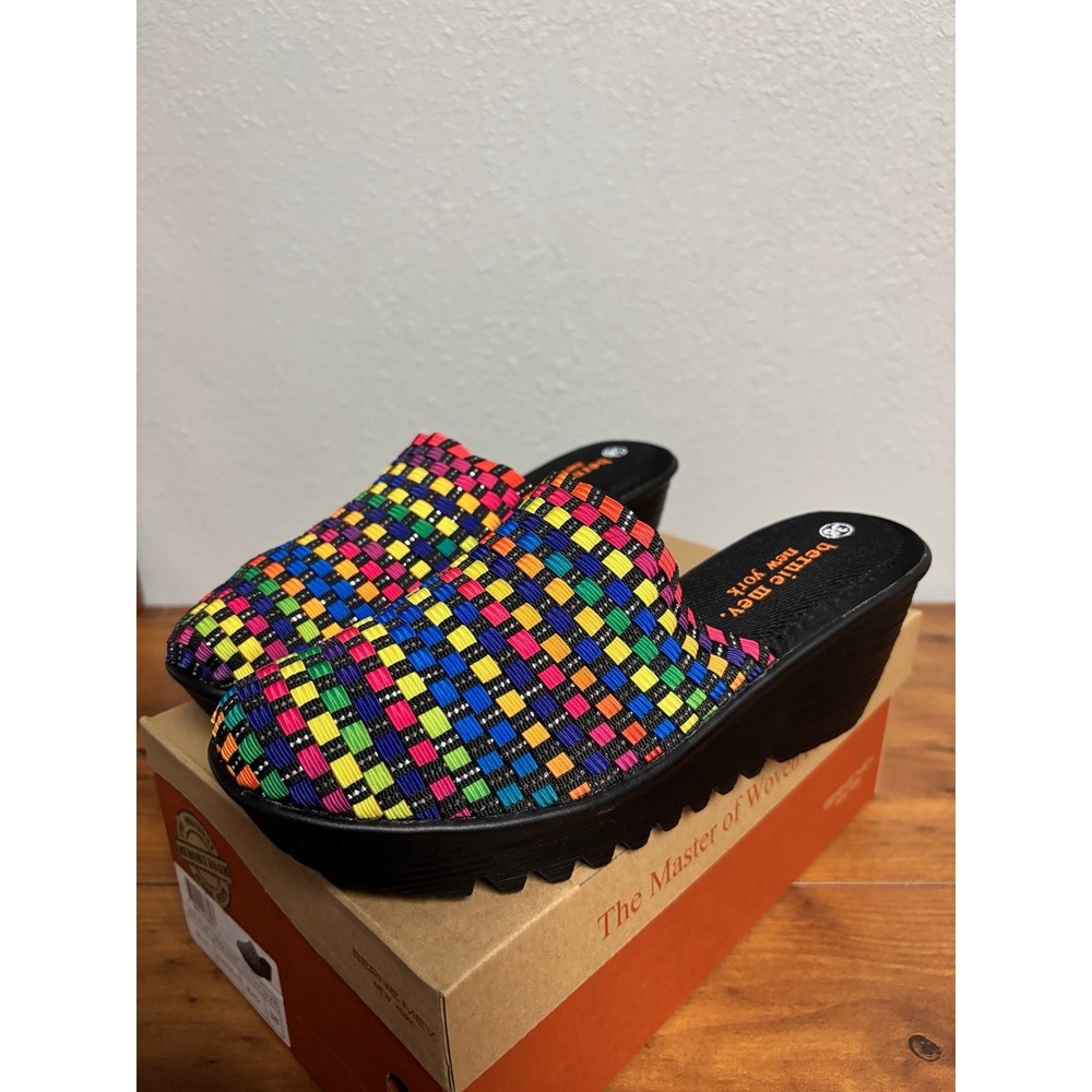Bernie Mev Mule Black Multi Rainbow Woven Wedge Platform Shoes Womens 38 US 7